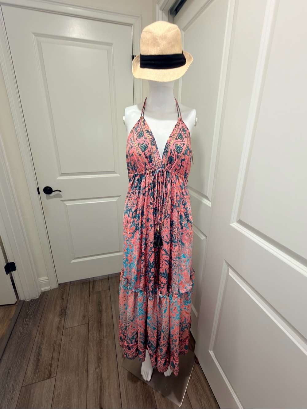 Boho Halter Maxi Dress in Coral & Teal